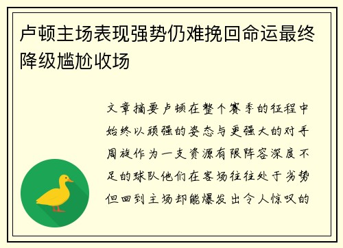 卢顿主场表现强势仍难挽回命运最终降级尴尬收场