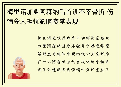梅里诺加盟阿森纳后首训不幸骨折 伤情令人担忧影响赛季表现
